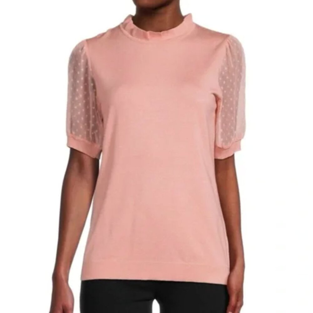 Adrianna Papell Pink Top with Sheer Polka Dot Sleeves Size Medium